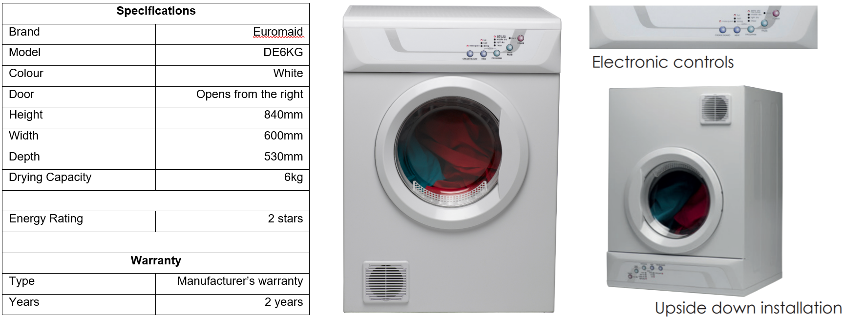 Euromaid 6kg Vented Dryer DE6KG